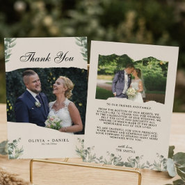 Tarjeta De Agradecimiento Boda moderna boho con hojas de eucalipto y foto