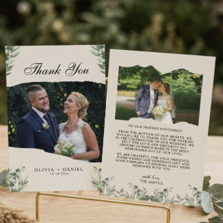 Tarjeta De Agradecimiento Boda moderna boho con hojas de eucalipto y foto