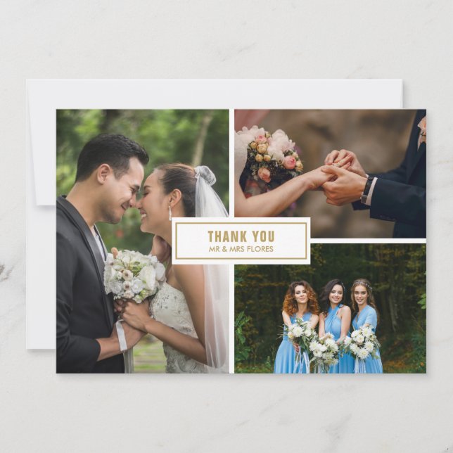 Tarjeta De Agradecimiento Boda moderna con collage de 3 fotos (Anverso)