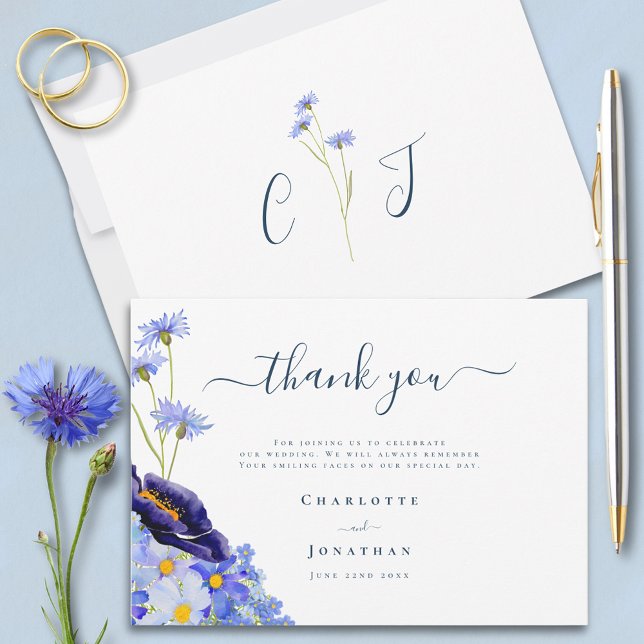 Tarjeta De Agradecimiento Boda Moderna con Flores Silvestres (Stylish Blue floral wedding thank you card with wildflowers
)