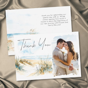 Tarjeta De Agradecimiento Boda moderna con foto en acuarela de playa costera