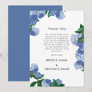 Tarjeta De Agradecimiento Boda moderna con hortensias azules y vegetación fl