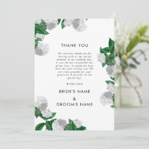Tarjeta De Agradecimiento Boda moderna con hortensias blancas y vegetación f