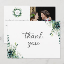 Tarjeta De Agradecimiento Boda moderna con monograma de vegetación de eucali