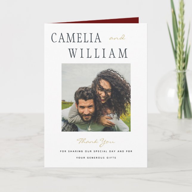 Tarjeta De Agradecimiento Boda moderna de oro de Borgoña FOTO de agradecimie (Anverso)