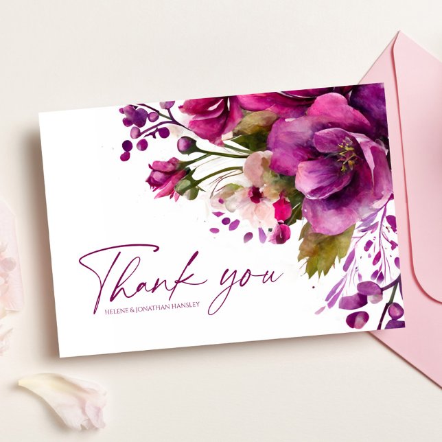 Tarjeta De Agradecimiento Boda Moderna Floral Magenta Elegante (Subido por el creador)
