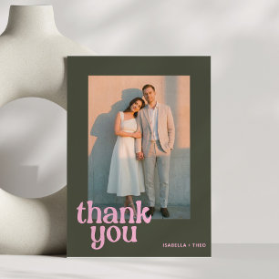 Tarjeta De Agradecimiento Boda moderna groovy rosa oliva retro foto negrita