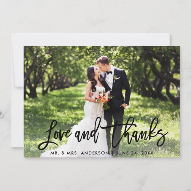 Tarjeta De Agradecimiento Boda Moderno Brush Script Love and Gracias Photo (Anverso)