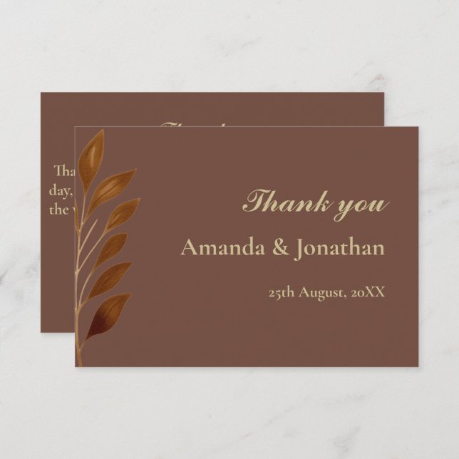 Tarjeta De Agradecimiento Boda moderno de café marrón y hoja de oro (Anverso / Reverso)