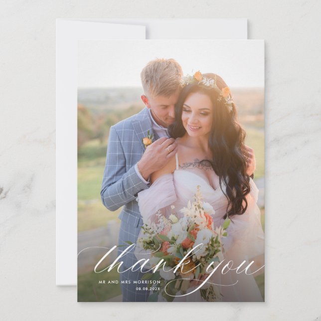 Tarjeta De Agradecimiento Boda moderno de caligrafía blanca (Anverso)