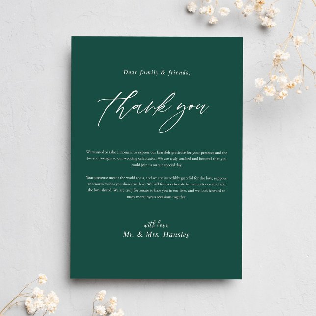 Tarjeta De Agradecimiento Boda moderno de caligrafía mínima verde esmeralda (Modern Emerald Green Minimal Calligraphy Wedding Thank You Card)
