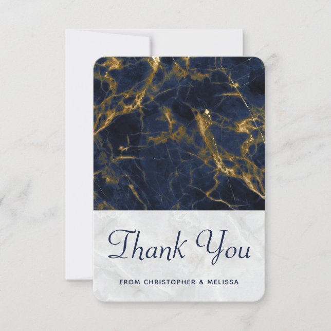 Tarjeta De Agradecimiento Boda moderno de mármol azul marino y oro (Anverso)
