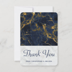 Tarjeta De Agradecimiento Boda moderno de mármol azul marino y oro