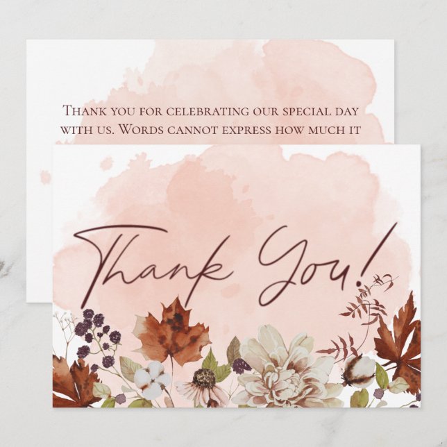 Tarjeta De Agradecimiento Boda moderno de otoño de acuarela Rubor (Anverso / Reverso)