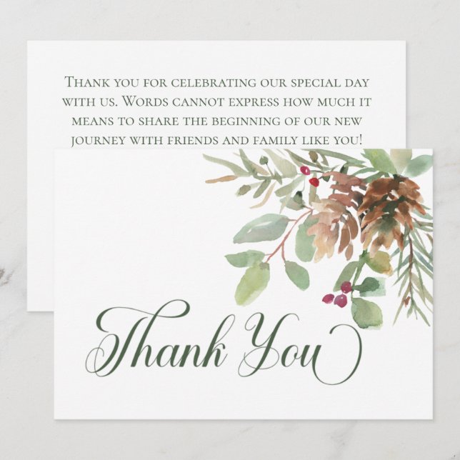 Tarjeta De Agradecimiento Boda moderno de Winter Pine Cone Berries (Anverso / Reverso)