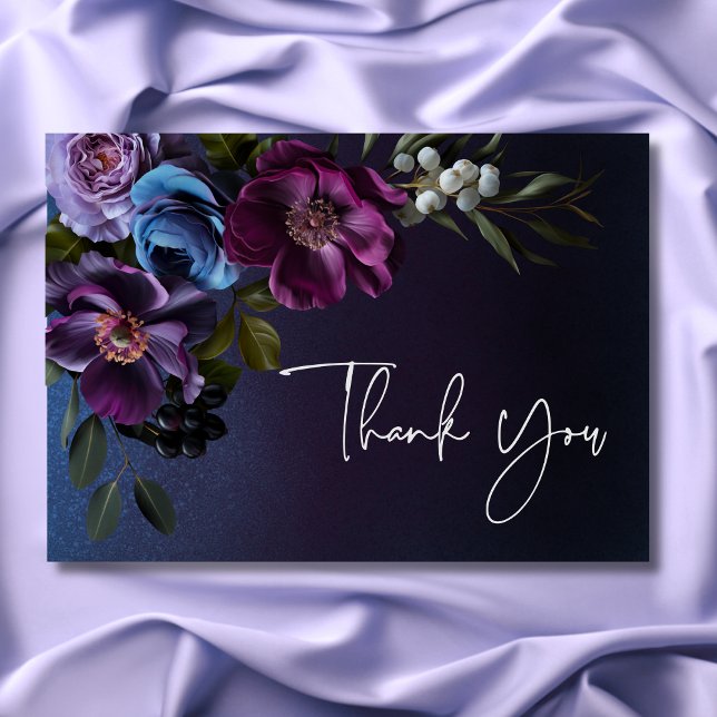 Tarjeta De Agradecimiento Boda moderno floral de lavanda azul oscuro Moody (Dark Moody Blue Lavender Floral Modern Wedding Thank You Card)