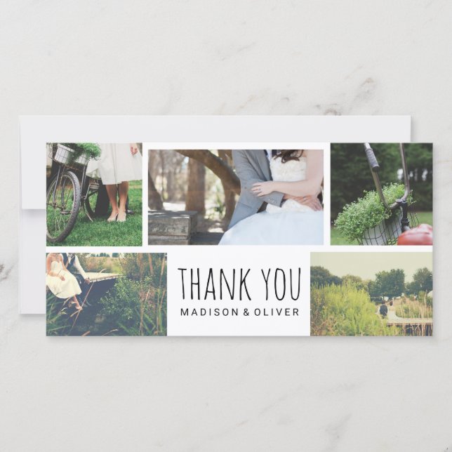 Tarjeta De Agradecimiento Boda moderno Gracias Cinco Collages de fotos (Anverso)