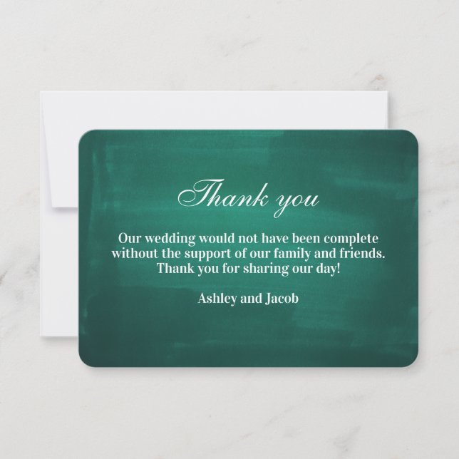 Tarjeta De Agradecimiento Boda moderno verde oscuro. Esmeralda elegante y si (Anverso)
