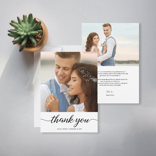 Tarjeta De Agradecimiento Boda moderno y sencillo personalizado 2 fotos (Simple, Chic, elegant script two wedding photo featured customizable wedding thank you cards.)