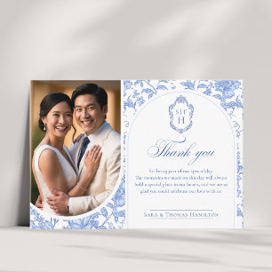 Tarjeta De Agradecimiento Boda Monograma Chinoisería Floral Azul Delft