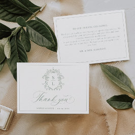 Tarjeta De Agradecimiento Boda Monograma Cresta Barroco Elegante Verde Salvi