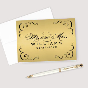 Tarjeta De Agradecimiento Boda Monograma de caligrafía negra de oro de vinta