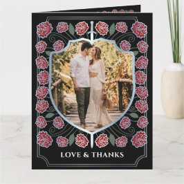 Tarjeta De Agradecimiento Boda Monograma de Escudo de espadas plateado