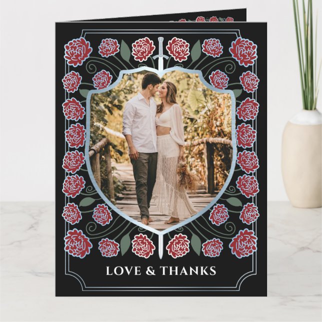 Tarjeta De Agradecimiento Boda Monograma de Escudo de espadas plateado (Anverso)