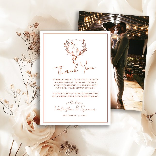 Tarjeta De Agradecimiento Boda Monograma de Escudo floral rústico formal (Subido por el creador)
