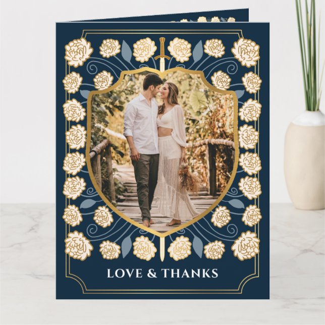 Tarjeta De Agradecimiento Boda Monograma de Fantasía Medieval Sword Shield (Anverso)