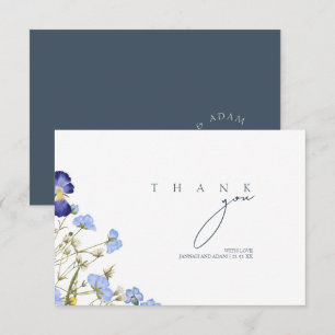 Tarjeta De Agradecimiento Boda Monograma de Flor Silvestre Azul Pizarra Eleg
