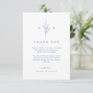Tarjeta De Agradecimiento Boda monograma de hojas botánicas simples azules