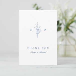 Tarjeta De Agradecimiento Boda monograma de hojas botánicas simples azules