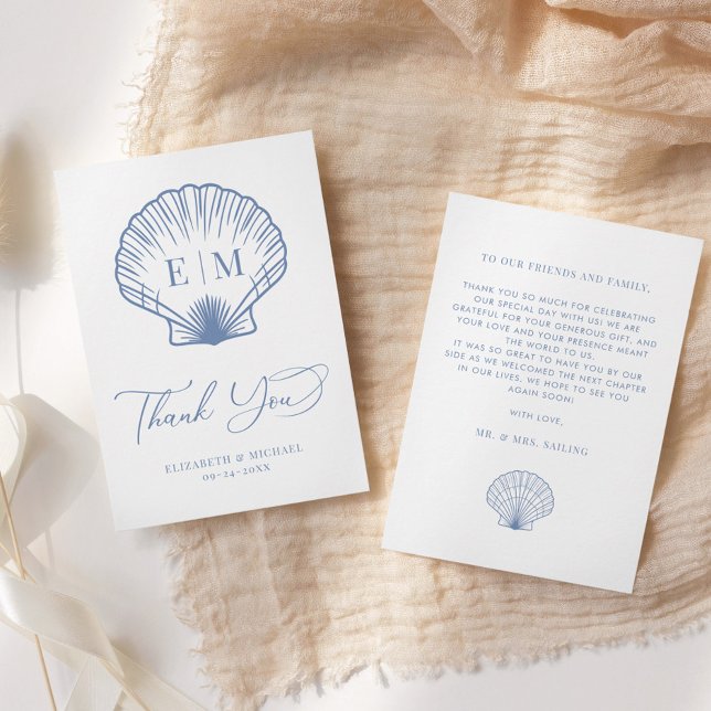 Tarjeta De Agradecimiento Boda Monograma de la concha azul costera (Subido por el creador)