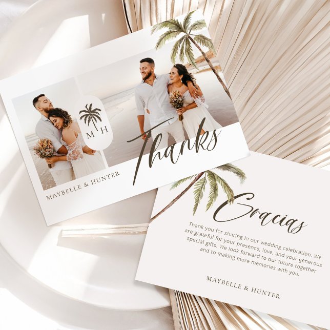 Tarjeta De Agradecimiento Boda Monograma de palmeras acuáticas modernas (Modern Watercolor Palm Tree Monogram Wedding Photo Thank You Card)