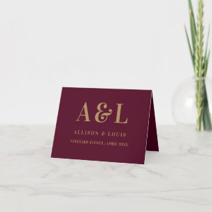 Tarjeta De Agradecimiento Boda Monograma Minimalista Burgundy Gold