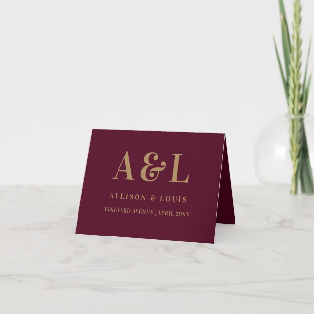 Tarjeta De Agradecimiento Boda Monograma Minimalista Burgundy Gold (Anverso)