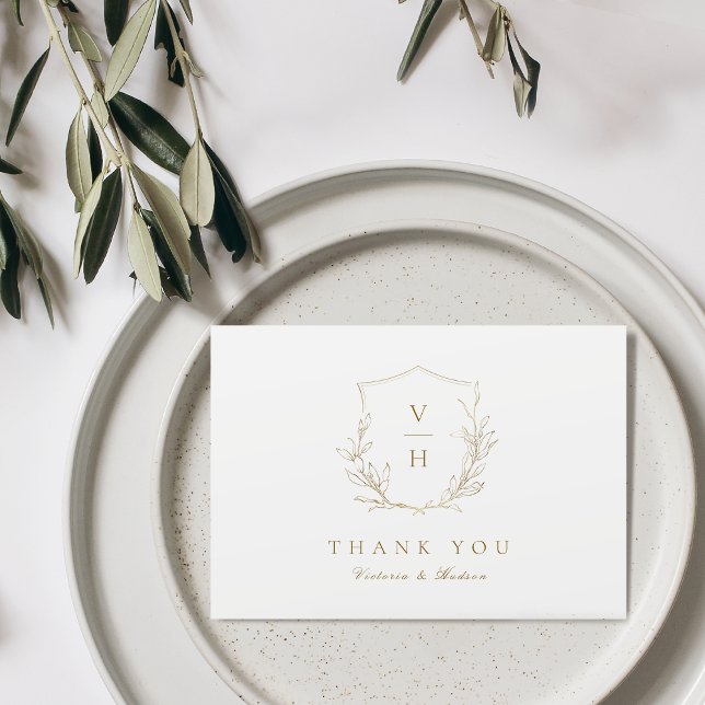 Tarjeta De Agradecimiento Boda monograma simple de escudo botánico de oro (Gold simple botanical crest monogram wedding thank you card)