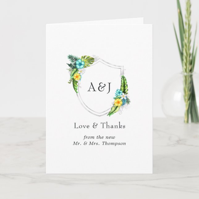 Tarjeta De Agradecimiento Boda Monograma Tropical Aloha en Playa de Verano (Anverso)