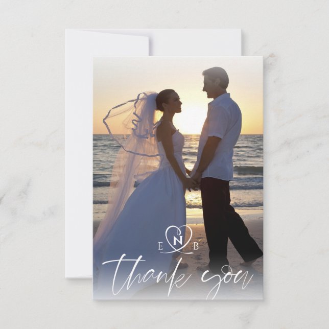 Tarjeta De Agradecimiento Boda Monograma White Hearts Dos Fotos Script (Anverso)