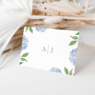 Tarjeta De Agradecimiento Boda Monogramada con Hortensias Azules Sencillas