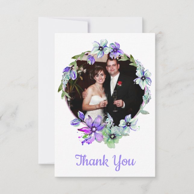 Tarjeta De Agradecimiento Boda Monogramado de Wreath floral de bonito (Anverso)