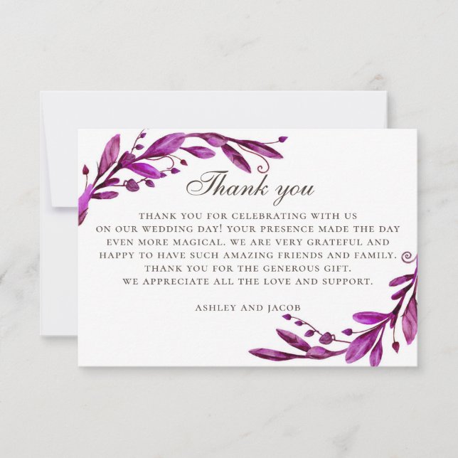Tarjeta De Agradecimiento Boda morado acuarela. Elegante lilac botánico (Anverso)