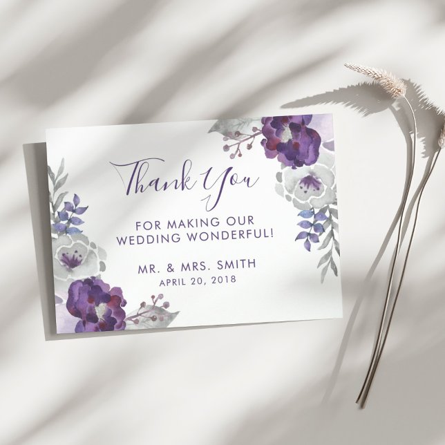 Tarjeta De Agradecimiento Boda morado acuarela floral gracias (Purple Watercolor Floral Wedding Thank You)