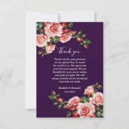 Tarjeta De Agradecimiento Boda morado de rosas rosadas y rojas color morado