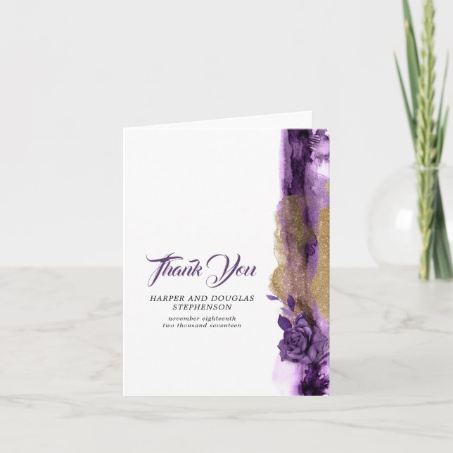 Tarjeta De Agradecimiento Boda morado oscuro y Purpurina dorado gracias (Anverso)