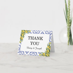 Tarjeta De Agradecimiento Boda Mosaico Azul Limón Mediterráneo Moderno