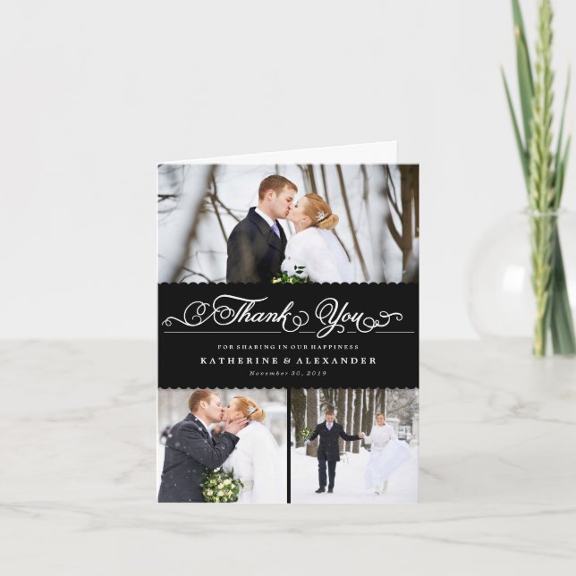 Tarjeta De Agradecimiento Boda multi de la foto de la escritura 3 románticos (Anverso)