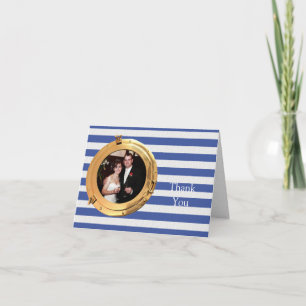 Tarjeta De Agradecimiento Boda náutica azul y blanca del marco del agujero