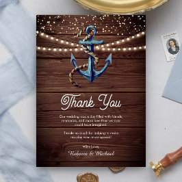 Tarjeta De Agradecimiento Boda Náutica de Madera Rústica Ancla Azul Marino